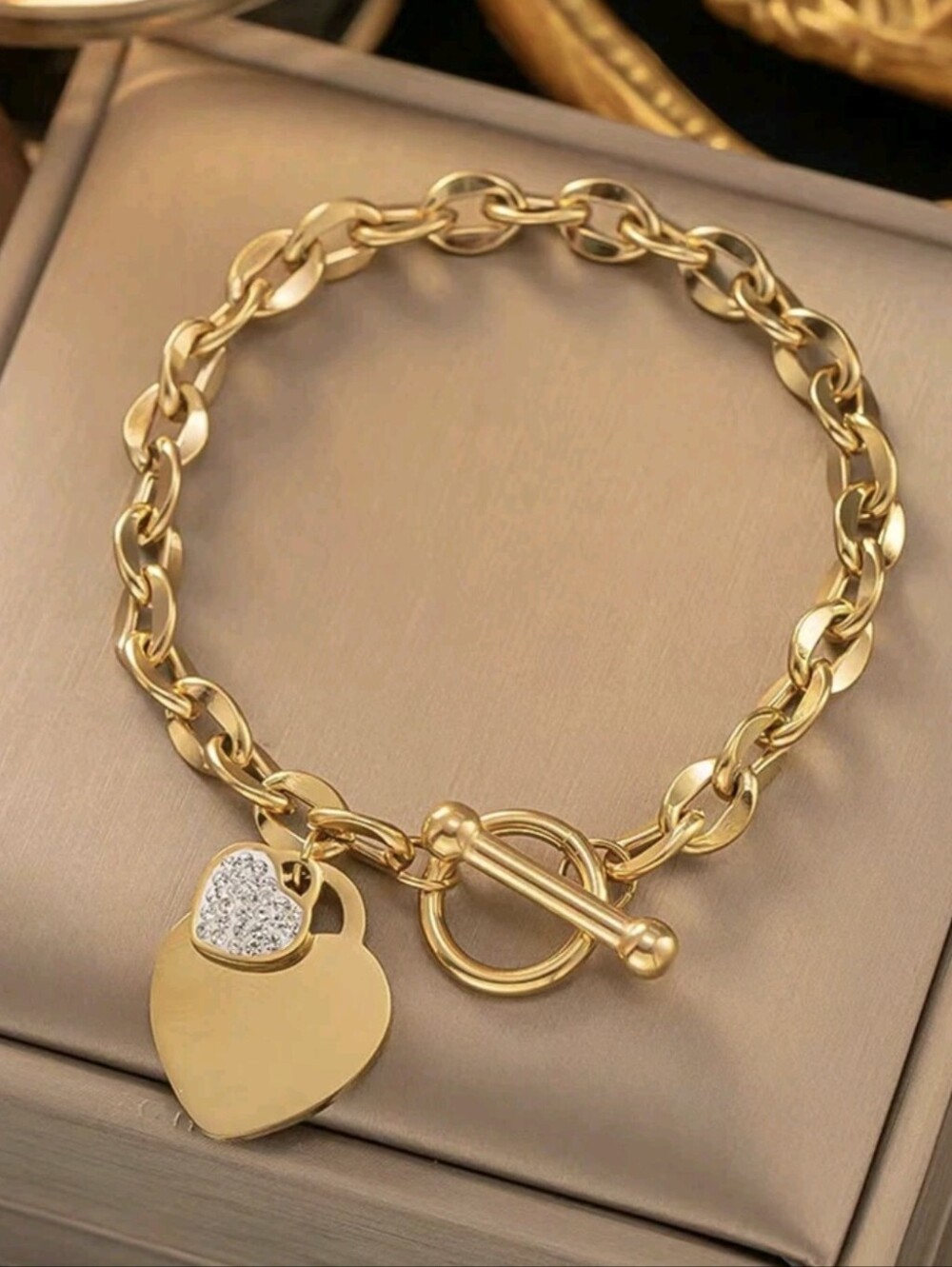 Gold Plated Stainless Steel Diamond Heart Toggle Bracelet